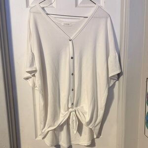 Cherish White Button-Front Tie Hem V-Neck Top